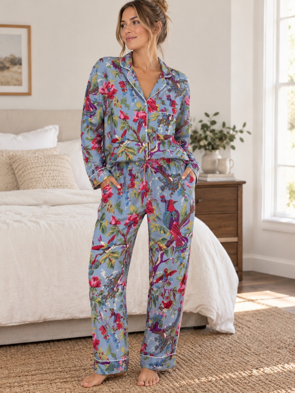 Yakira for Nightrose Floral Bird-Print Cotton Pajama Set